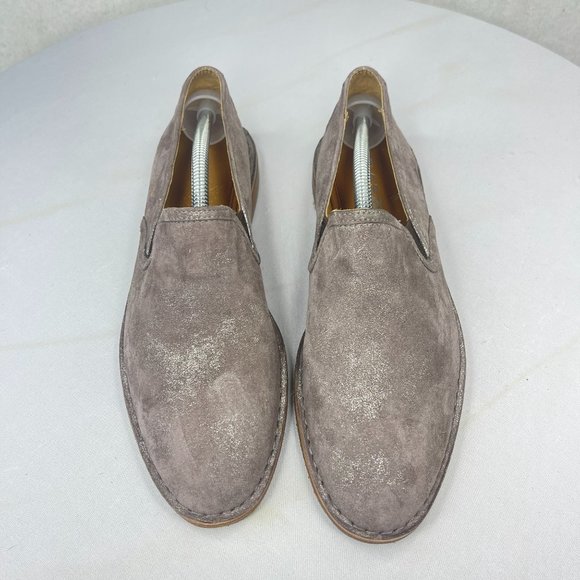 NWOT Trask Womens 7.5 Ali Gray Tan Sueded Leather Loafers Metallic Vibram Sole - Picture 2 of 9